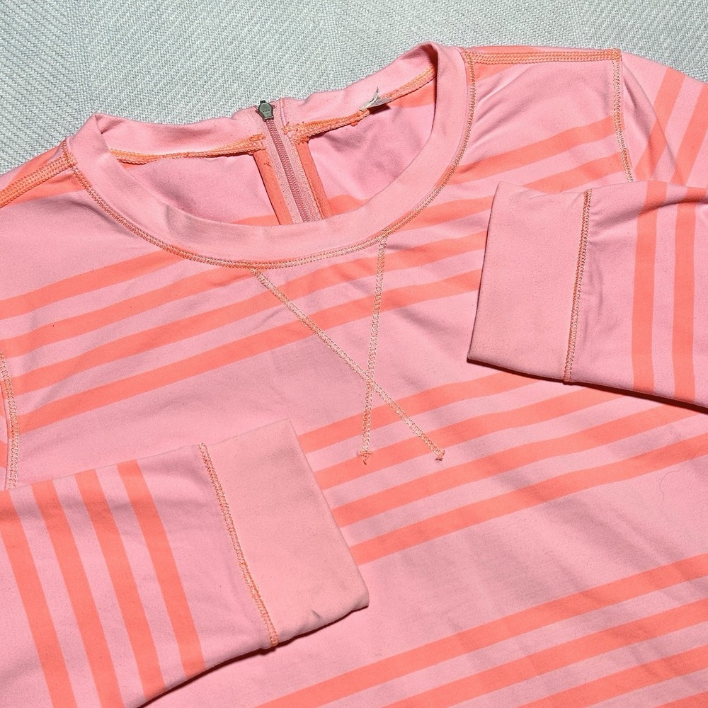 Lululemon Run Warm Up Crew Womens 8 Coral Pink Pop‎ Orange Striped Back Zipper